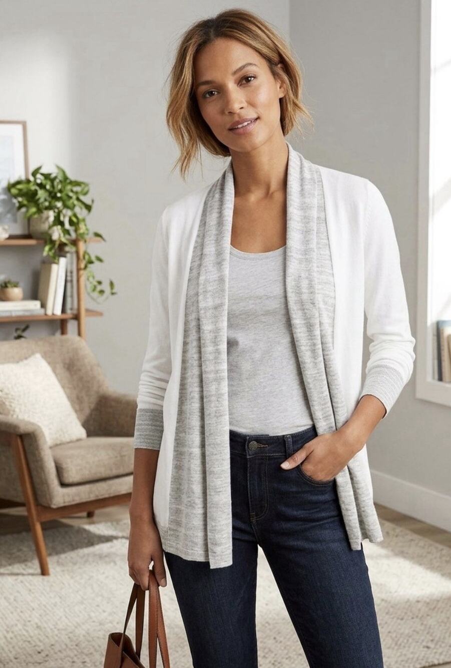 LOFT White Gray Solid Knit Cotton Open Front Cardigan Women Sz L Quiet Luxury